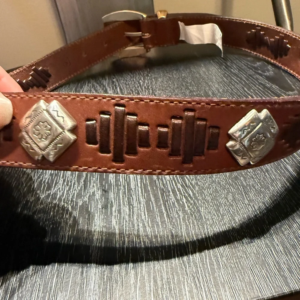 Vintage Fossil Brown Leather Southwest Silver Concho Cowgirl Boho Belt Sz M 33”